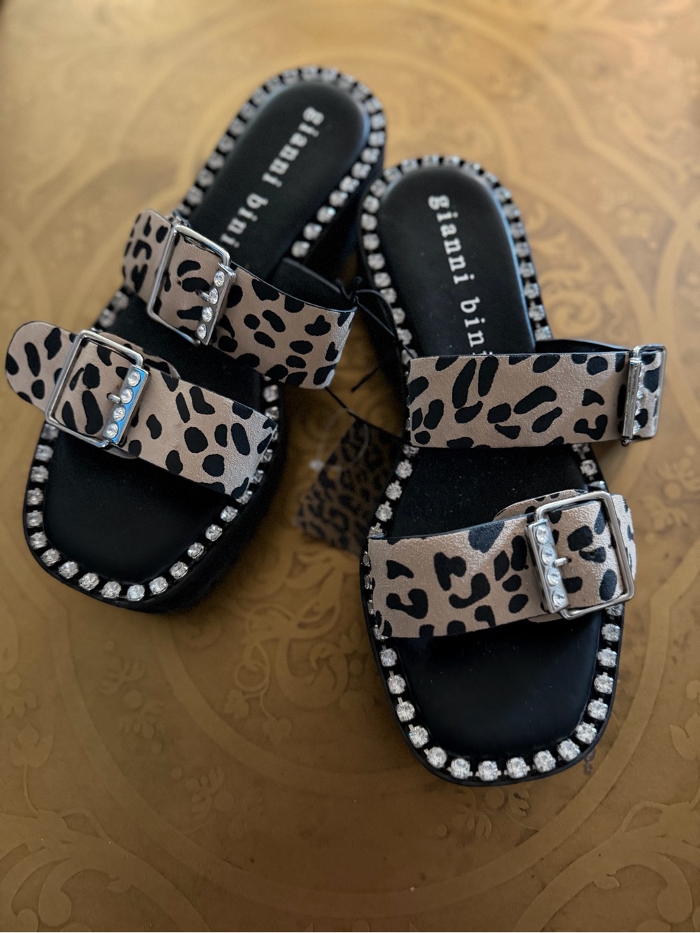 Gianni Bini  Leopard Print Buckle Sandals in Beige/Black